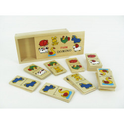 Children dominoes with animals of the wooden farm